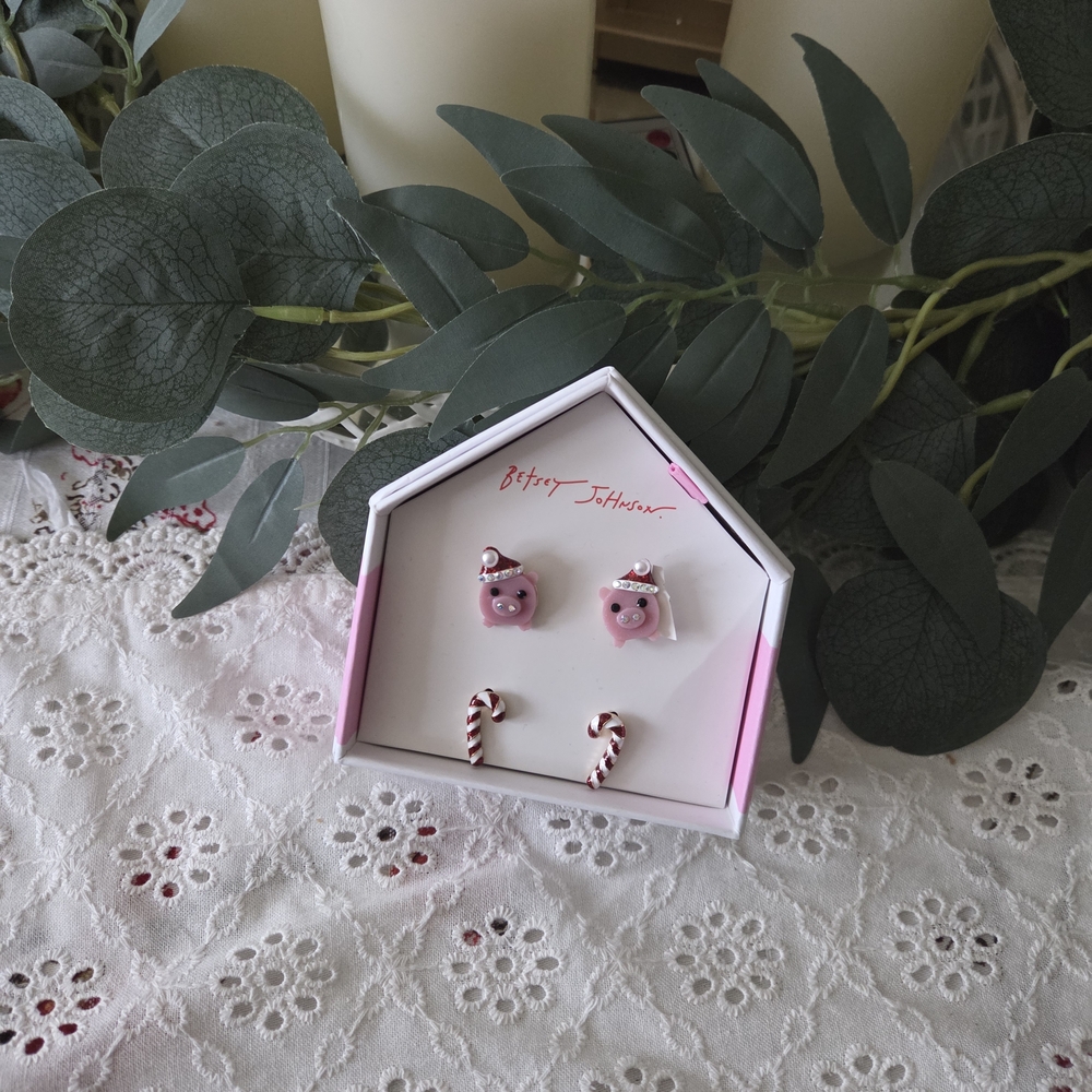 Betsey Johnson Festive Pink Pig Earrings with Candy Canes - Picture 2 of 4